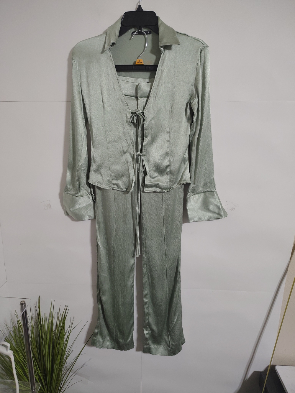 Zara Sage Green Satin Tie-Front Pajama Set